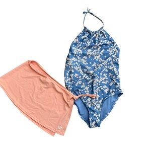 Roxy Blue Floral Halter One-Piece Swimsuit with Peach Swim Skirt